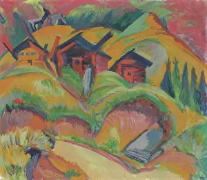 Kirchner Prints: Three Huts on the Hill (Red Huts), 1919. Creator: Kirchner, Ernst Ludwig (1880-1938)