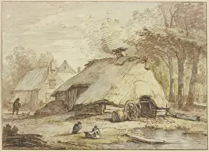 Thatched Roof Prints: Three huts under trees, three ducks sitting in the foreground