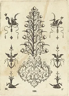 Swans Prints: Hyacinth-Shaped Brooch with Winged Animals at Top and Crouching Swans at Bottom