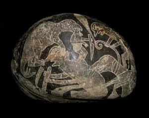 The ica stone. A dinosaur killing a man. Creator: The Ica stones The ica stone. A dinosaur killing a man. Creator: The Ica stones