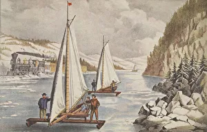 American School 19th Century Prints: Ice-Boat Race on the Hudson, pub. C. 1855, Currier & Ives (Colour Lithograph)
