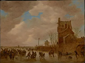Winter Scene Gallery: Ice pleasures in front of a bridge tower, 1655. Artist: Goyen, Jan Josefsz, van (1596-1656)