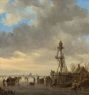 Sledge Collection: Ice Scene near a Wooden Observation Tower, 1646. Creator: Jan van Goyen