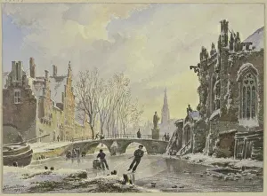 Ice skaters on a canal in Amsterdam, 1832. Creator: Bartholomeus Johannes van Hove