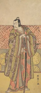 Ichikawa Danjuro V as Kudo Suketsune, Richly Attired, Leaning on His Sword, late 18th century. Creator: Shunsho