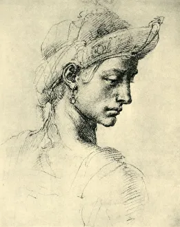 Earring Prints: Ideal Head, 1520-1525, (1943). Creator: Michelangelo Buonarroti