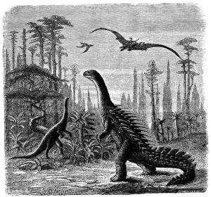 Ideal Jurassic landscape in America, 1884. Artist: Othniel Charles Marsh Ideal Jurassic landscape in America, 1884. Artist: Othniel Charles Marsh