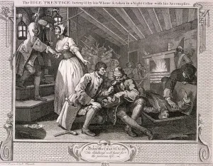 Tom Idle Prints: The idle prentice betray d by his whore... plate IX of Industry and Idleness, 1747