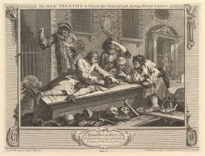 Morality Collection: The Idle Prentice at Play in the Churchyard: Industry and Idleness, plate 3