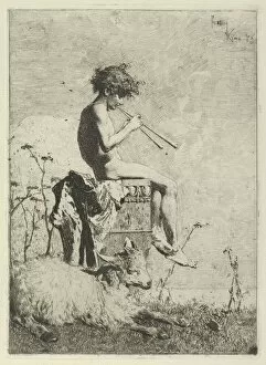Carbo Mariano Fortuny Y Gallery: Idyll: a naked youth seated outdoors on a plinth playing a double flute, a goat on the gro..., 1865