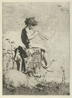 Fortuny Mariano Prints: Idyll: a naked youth seated outdoors on a plinth playing a double flute
