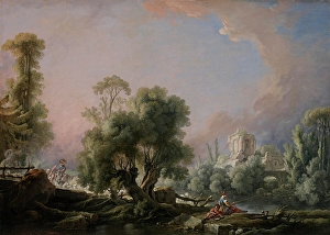 Herdsman Prints: Idyllic Landscape with Woman Fishing, 1761. Creator: Francois Boucher