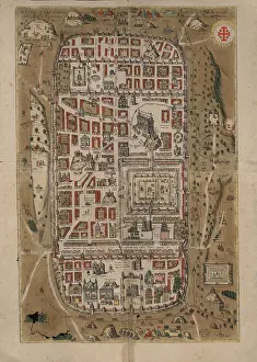 Biblioteca Nacional Prints: Ierusalem, et suburbia eius. Map of Jerusalem in Civitates Orbis Terrarum