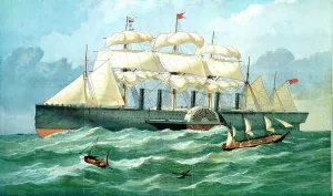 IK Brunels steam ship Great Eastern showing housing for paddle wheel, and sails, 1857