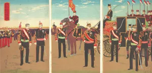 Illustration of Emperors Military Review of a Parade Ground at Aoyama (Aoyama renpe... June, 1888. Creator: Inoue Yasuji)