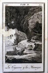 Maria Prints: Illustration of the fable La cigarra y la hormiga (The Cicada and the Ant) by Felix