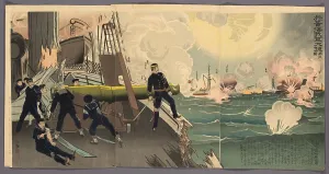 Oban Triptych Prints: Third Illustration of the Great Victory of Our Forces on the Yellow Sea (Kokai ni okeru)