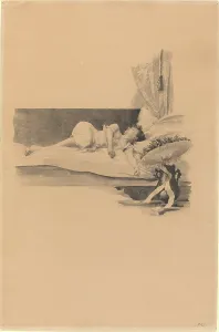 Illustration for Jestrab Kontra Hrdlicka, XXII (Girl asleep on a bed), c. 1890. Creator: Karel Vitezslav Masek. Illustration for Jestrab Kontra Hrdlicka, XXII (Girl asleep on a bed), c. 1890. Creator: Karel Vitezslav Masek