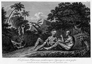 Illustration of a Nukagiva Man Making Tattoos on Another Man's Body, 1813. Creators: Ivan Vasil'evich Chesky, Ignaz Sebastian Klauber
