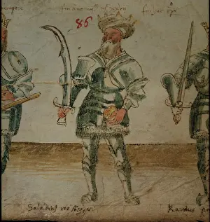Mesopotamian Prints: Illustration of Saladin, holding a scimitar, 15th century. Creator: Unknown