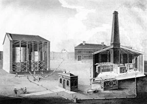 Cistern Gallery: Illustration showing the working spaces of a gas works, 1828
