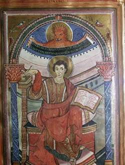 Carlovingian Gallery: Illustration of St Mark holding his gospel, 8th century