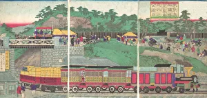 Yokohama Prints: Illustration of a Steam Locomotive Running on the Takanawa Railroad in Tokyo (Tokyo ta