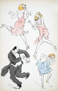 Three illustrations of transvestites in blue and pink dresses dancing with a larger Three illustrations of transvestites in blue and pink dresses dancing with a larger