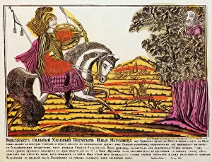 Helmet Collection: Ilya Muromets and Nightingale the Robber, Lubok print, 18th century