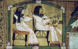 An image on an Egyptian papyrus of draughts-playing, Anis Book of the Dead (sheet 7) An image on an Egyptian papyrus of draughts-playing, Anis Book of the Dead (sheet 7)