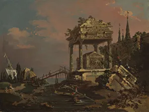 Imaginary View with a Tomb by the Lagoon, early 1740s. Creator: Canaletto Imaginary View with a Tomb by the Lagoon, early 1740s. Creator: Canaletto