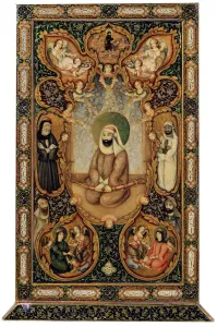 Islamic Art Gallery: Imam Ali (Ali ibn Abi Talib) with his sons Hasan and Husayn, 1871. Creator: Anonymous