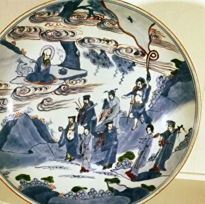 The immortals visit Shou-Lao, god of Longevity, Porcelain dish, 17th century