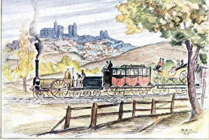 Images Dated 19th September 2012: The inaugural train of the line from Madrid to Zaragoza in 1859, passing by Siguenza