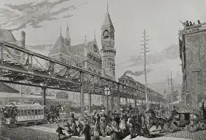 Inauguration of the elevated railway over streets and squares, New York, April 29, 1878. Creator: Enrique Alba