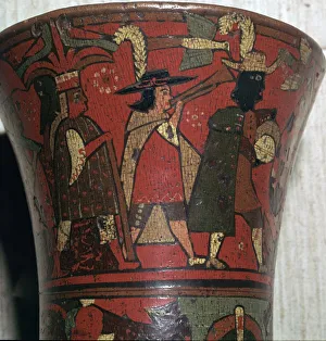 Incan beaker showing Spaniards and Peruvians, c. 17th century
