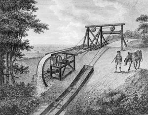 Water Power Prints: Inclined plane powered by water wheel in used on a canal, 1796