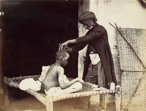 Barbers Shop Prints: Indian Barber, 1860s. Creator: Willoughby Wallace Hooper