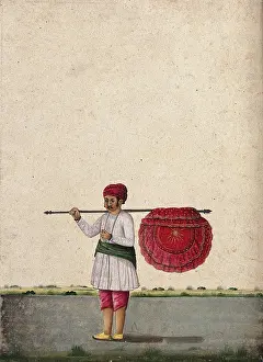An Indian bearer holding a large, richly decorated fan or banner... (between 1800 and 1899?). Creator: Unknown