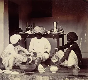 Kitchenware Prints: Three Indian domestic servants at work, 1870s. Creator: Willoughby Wallace Hooper