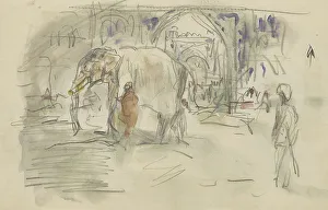 Bauer Marius Prints: Indian with an elephant at a gate, 1924-1925. Creator: Marius Bauer