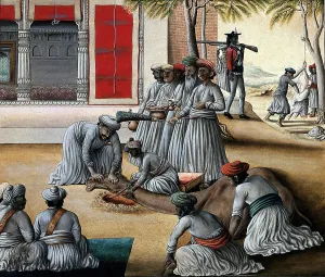 Cutting Prints: Indian men slaughtering a camel; a sheep being skinned in the background. Creator: Unknown