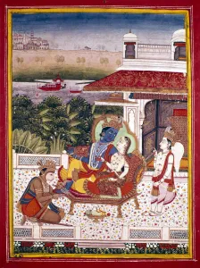Patio Prints: Indian miniature showing Krishna and a princess on a couch, 18th century