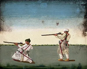 Target Practice Prints: Two Indian soldiers (?) take aim and fire their rifles