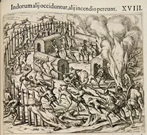 Some Indians are killed, some perish in a fire. (From: Americae pars qvarta). Artist: Bry, Theodor de (1528-1598)