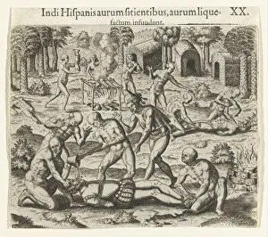 Cannibalism Prints: Indians pour liquid gold into the mouth of a Spaniard