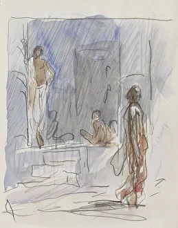 Bauer Marius Prints: Indians at a staircase, 1924-1925. Creator: Marius Bauer