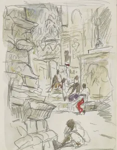 Bauer Marius Prints: Indians on a staircase at a temple, 1924-1925. Creator: Marius Bauer