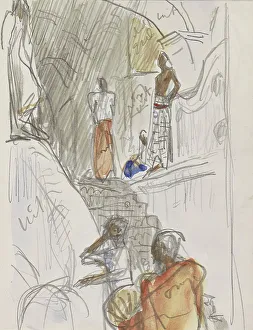 Bauer Marius Prints: Indians at a temple staircase, 1924-1925. Creator: Marius Bauer