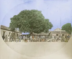 British Colony Prints: Indigenous Australians in compound in front of Military Barracks c1859. Creator: Unknown